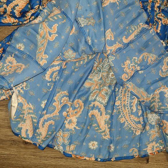 Free People size S Satin Mini Flare Dress Printed Arzel Draped long Sleeve - Picture 8 of 9